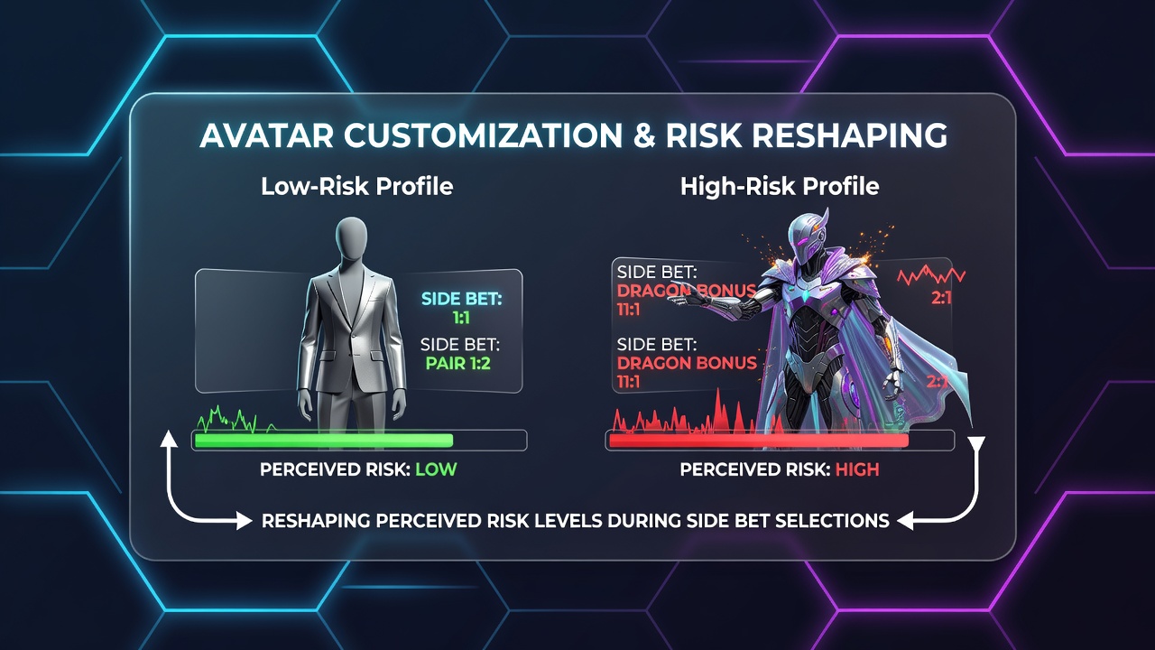 Virtual baccarat interface showing customized player avatars next to side bet options on a digital table