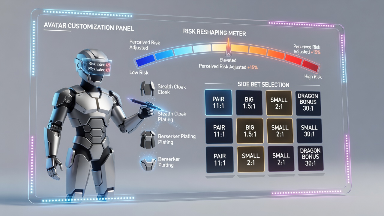 Close-up of side bet selection panel in virtual baccarat with player avatar customization panel open on the side