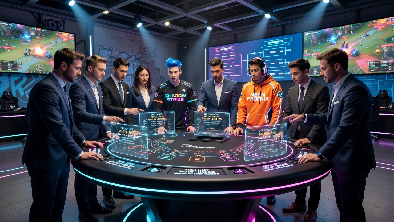 Esports arena setup with integrated baccarat tables during a crossover tournament event