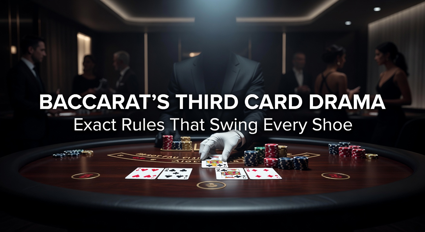 Baccarat table highlighting the pivotal third card moment with dealer assessing player and banker hands
