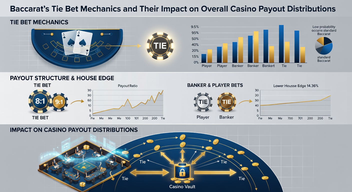 Detailed diagram showing baccarat tie bet resolution process with card totals and payout calculations