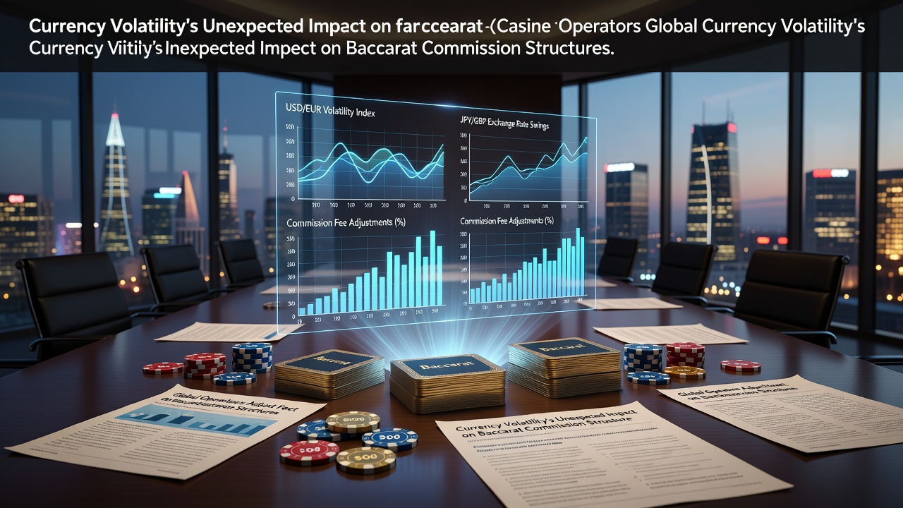 Global baccarat tables with currency exchange rate overlays showing volatility impacts on commission structures