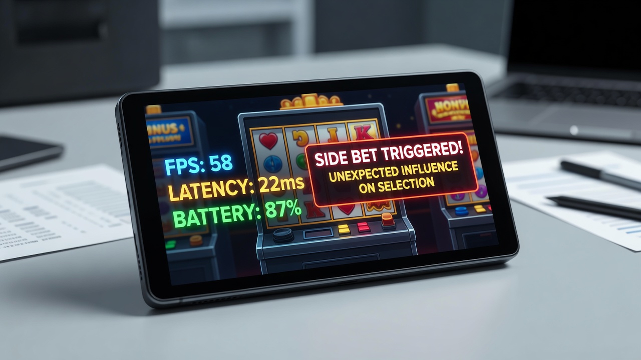Portable gaming device displaying bonus round interface with performance metrics overlay