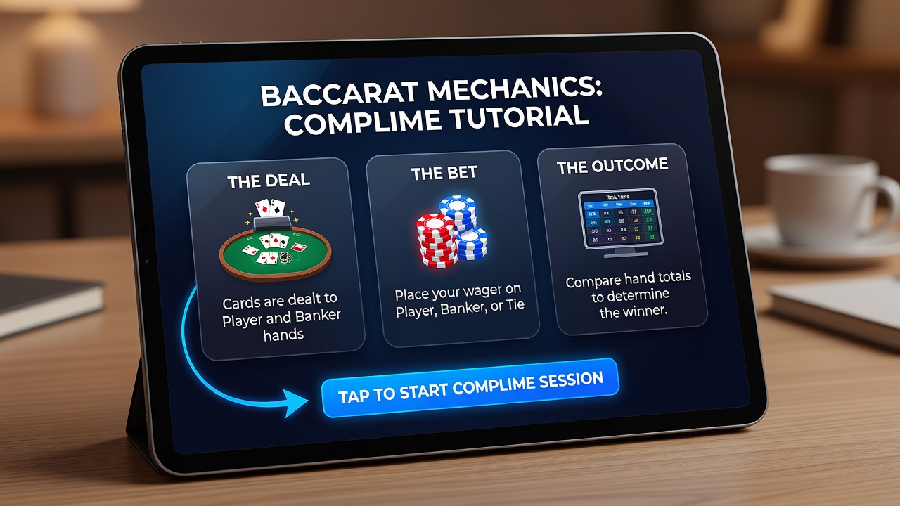 Close-up of baccarat mobile layout showing rule prompts and betting grid during complimentary play