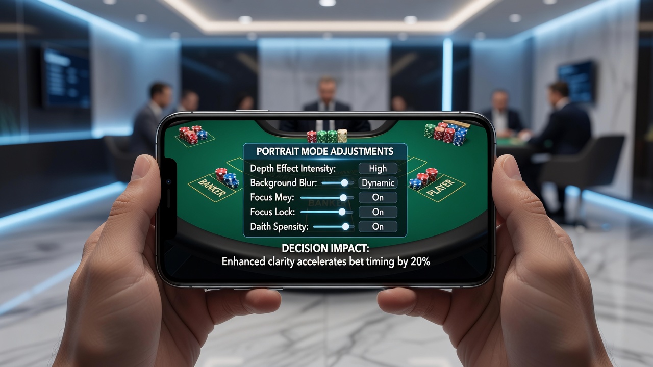 Close-up of baccarat handheld screen highlighting portrait mode decision prompts and adjusted roadmap visibility