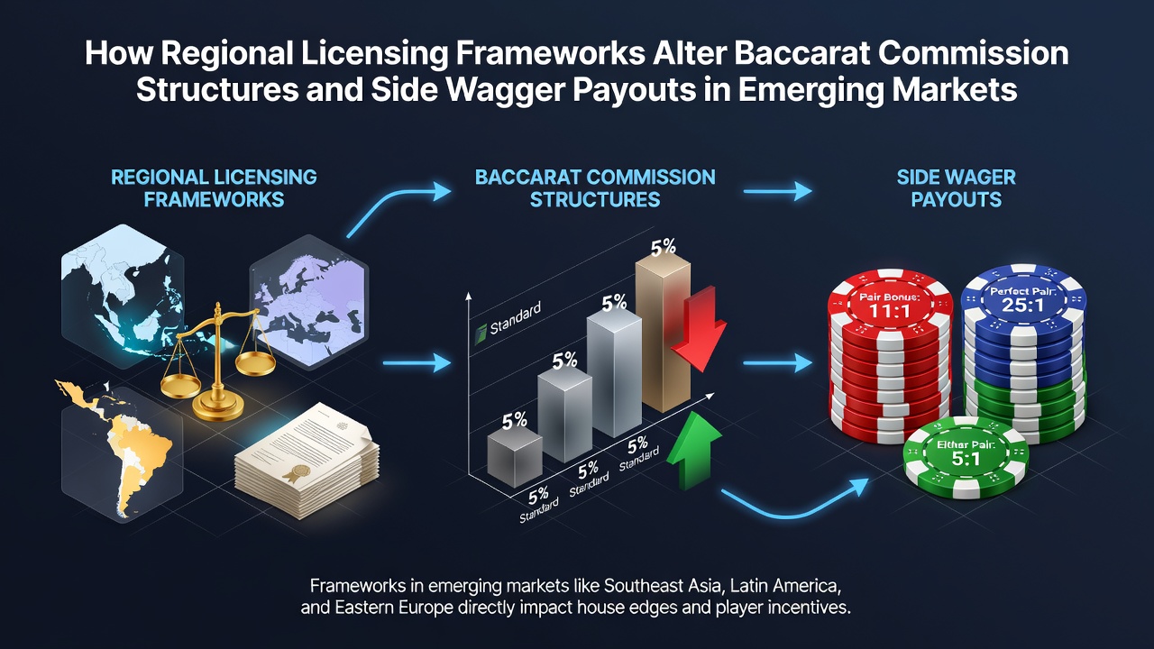 Regional licensing documents and baccarat table layouts showing commission variations across emerging markets