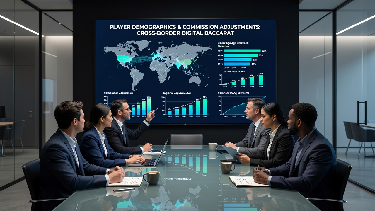 Analytics dashboard displaying player demographic data and commission rate adjustments for digital baccarat