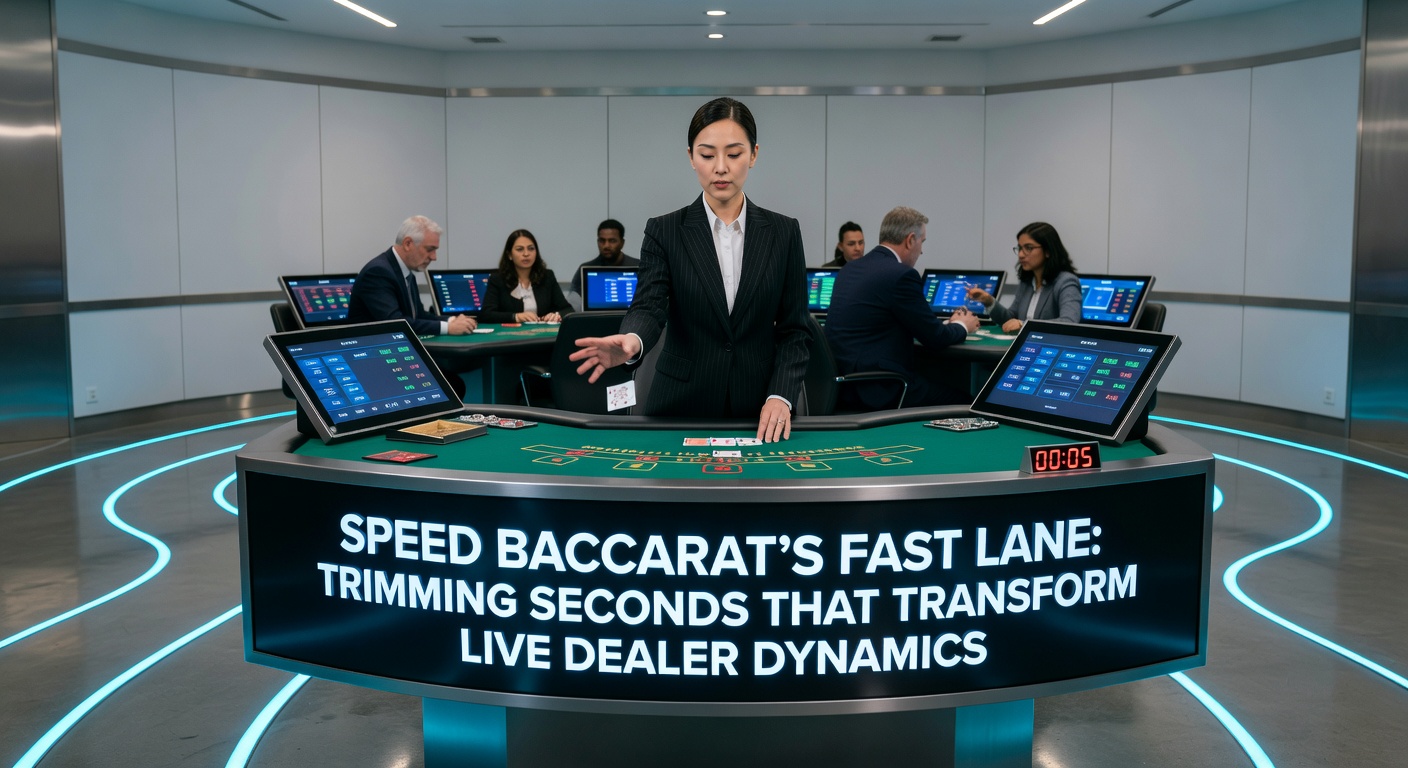 Close-up of a dealer in Speed Baccarat rapidly dealing cards with players betting furiously on side screens