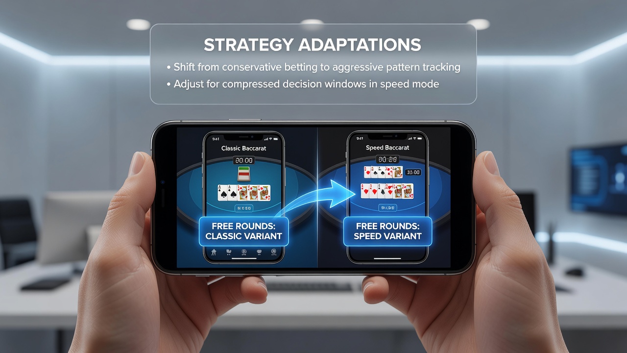 Close-up of mobile screen showing baccarat variant selection and free round balance during transition